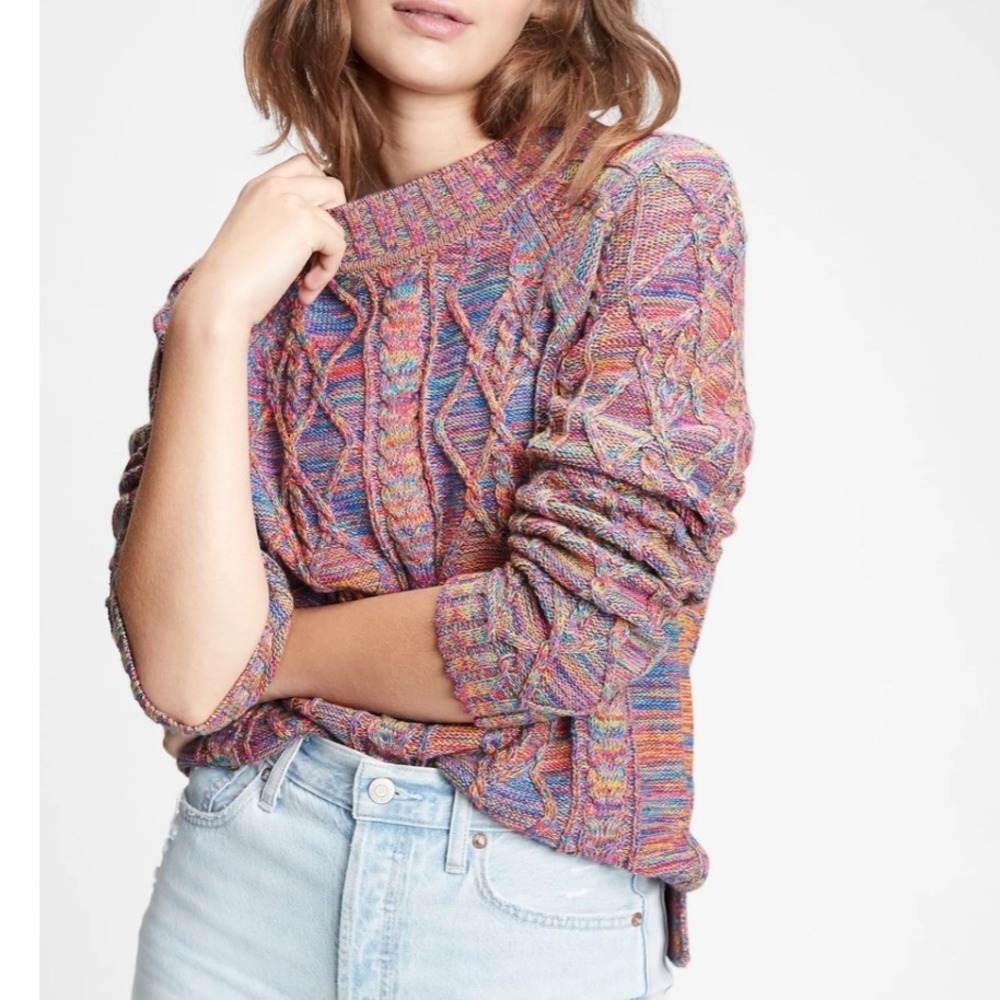 Gap Cable Knit Sweater Womens Large Multicolor Rainbow Space Dye Boho Pullover